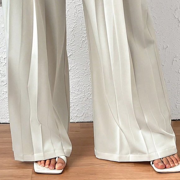 White Casual Womens High Waist Plicated Detail Wide Leg Pants - Picture 5 of 5